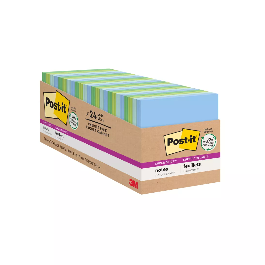 Post-it® Super Sticky Recycled Notes 654-24SST-CP, 3 in x 3 in (76 mm x
76 mm) Bora Bora Collection