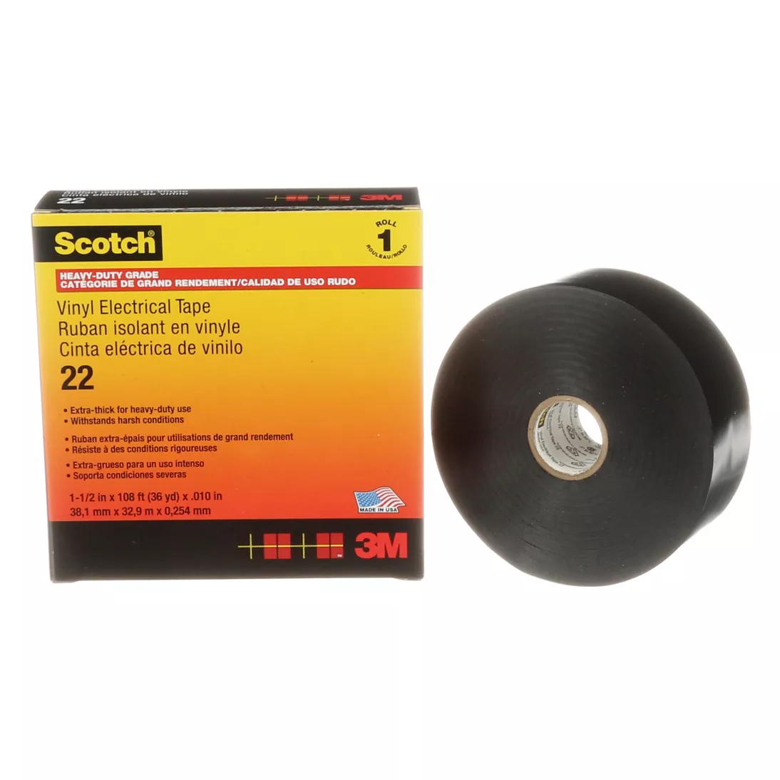 Scotch® Vinyl Electrical Tape 22, 1-1/2 in x 36 yd, Black, 1
roll/carton, 12 rolls/Case