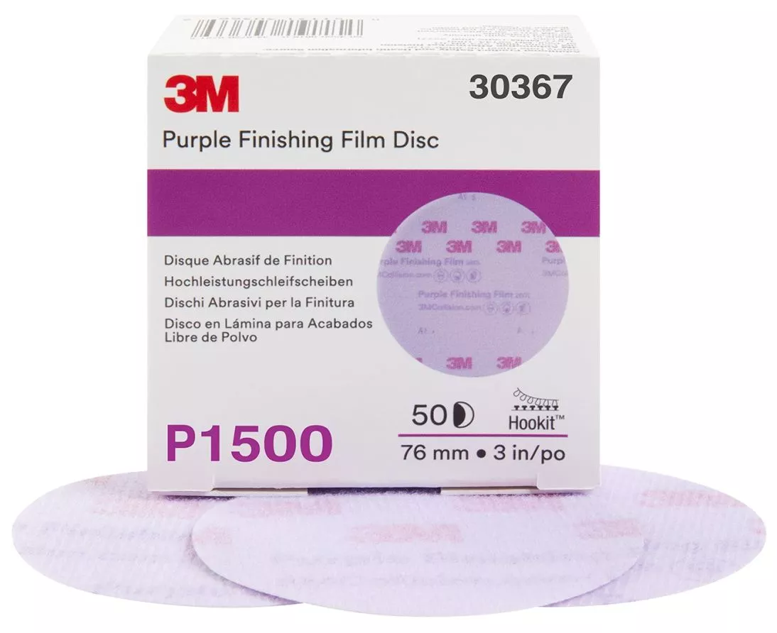 3M™ Hookit™ Purple Finishing Film Abrasive Disc 260L, 30367, 3 in,
P1500, 50 discs per carton, 4 cartons per case