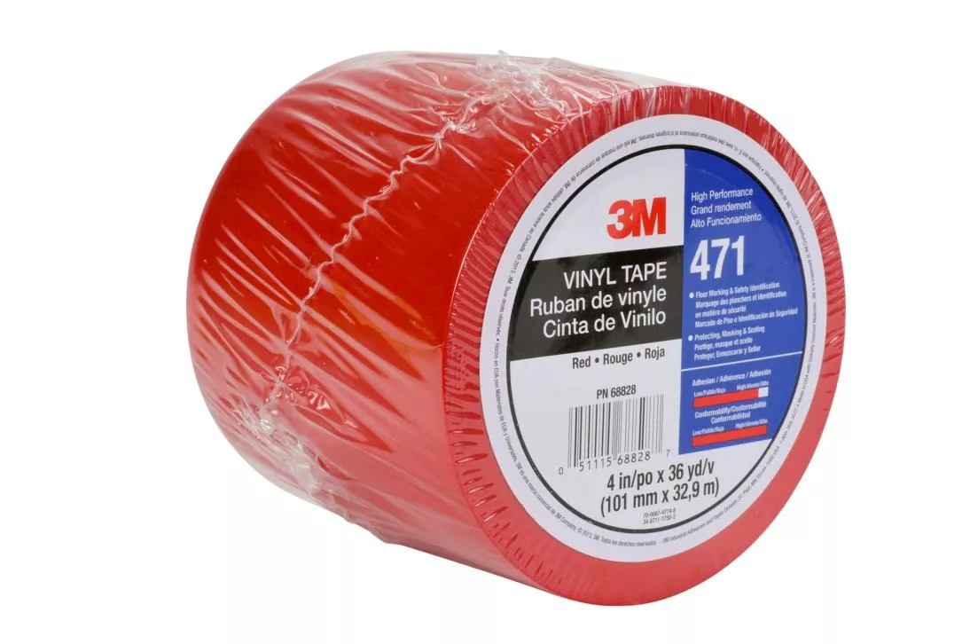 3M™ Vinyl Tape 471, Red, 4 in x 36 yd, 5.2 mil, 8 rolls per case,
Individually Wrapped Conveniently Packaged