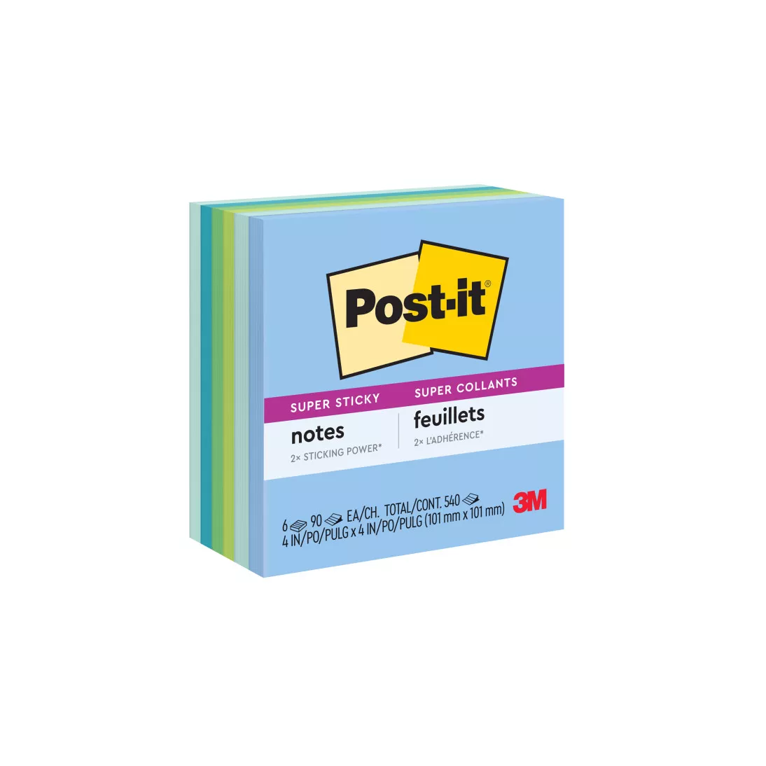 Post-it® Super Sticky Recycled Notes 654-6SST, 3 in x 3 in (76 mm x 76
mm) Bora Bora Collection