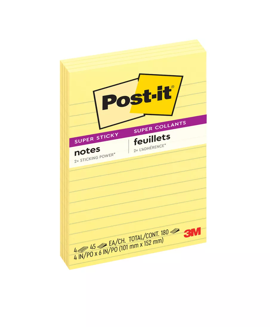 Post-it® Super Sticky Notes 4621-SSCY, 4 in x 6 in Canary Yellow Lined 4
pk 45 sh/pad