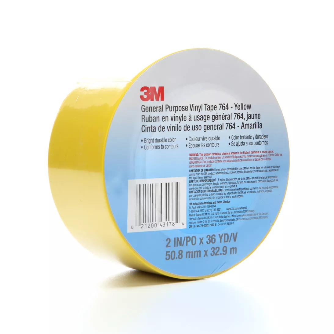 3M™ General Purpose Vinyl Tape 764, Yellow, 50.8 mm x 32.9 m, 5 mil, 24 Roll/Case