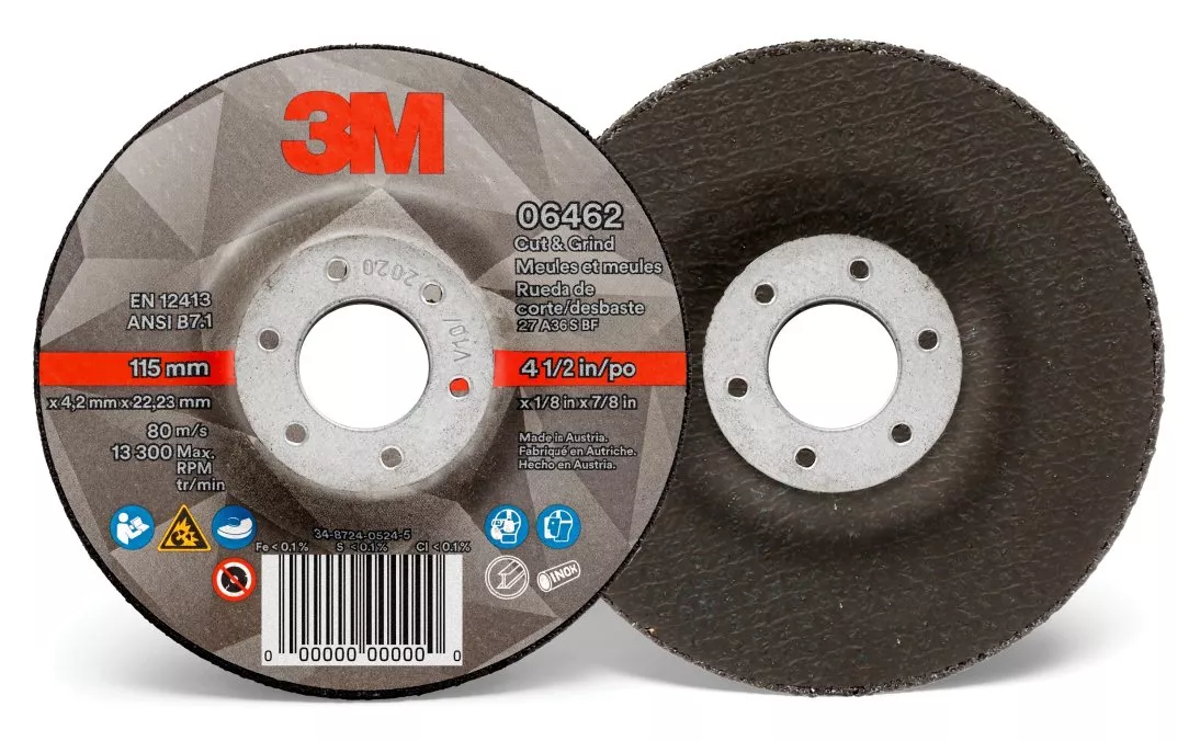 3M™ Cut & Grind Wheel, 06462, Type 27, 4-1/2 in x 1/8 in x 7/8 in, 10
per inner, 20 per case
