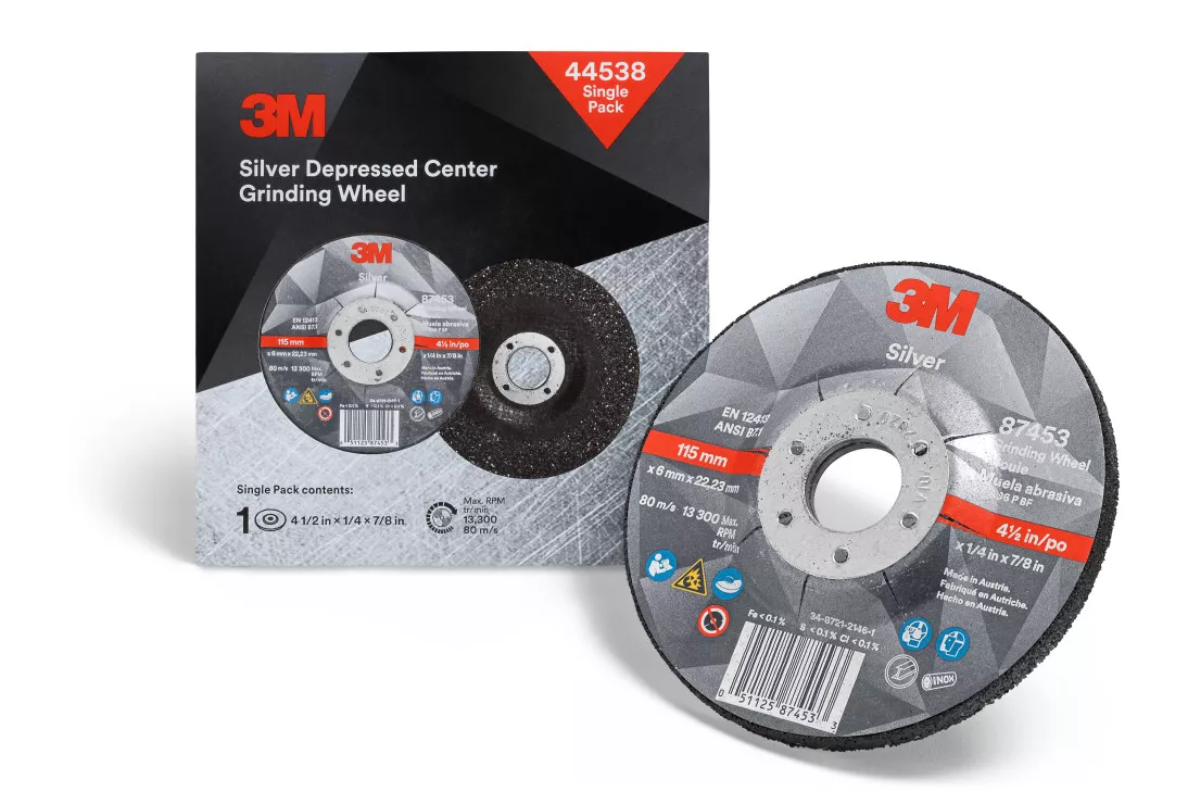 3M™ Silver Depressed Center Grinding Wheel, 44538, T27, 4.5 in x 1/4 in
x 7/8 in, Single Pack, 10 ea/Case
