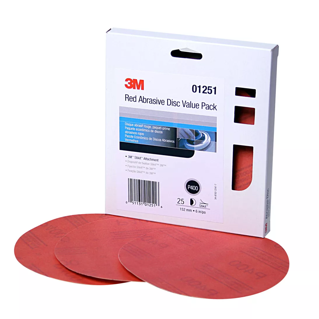 3M™ Red Abrasive Stikit™ Disc Value Pack, 01251, 6 in, P400 grade, 25
discs per carton, 4 cartons per case