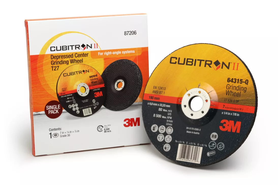 3M™ Cubitron™ II Depressed Center Grinding Wheel, 87206, T27, 7 in x 1/4
in x 7/8 in, Trial Pack, 10 ea/Case