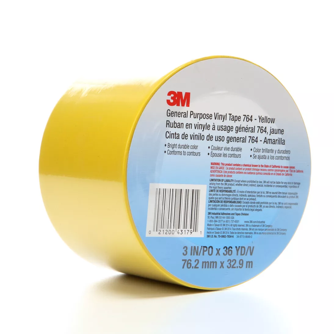 3M™ General Purpose Vinyl Tape 764, Yellow, 3 in x 36 yd, 5 mil, 12 Roll/Case, Individually Wrapped Conveniently Packaged