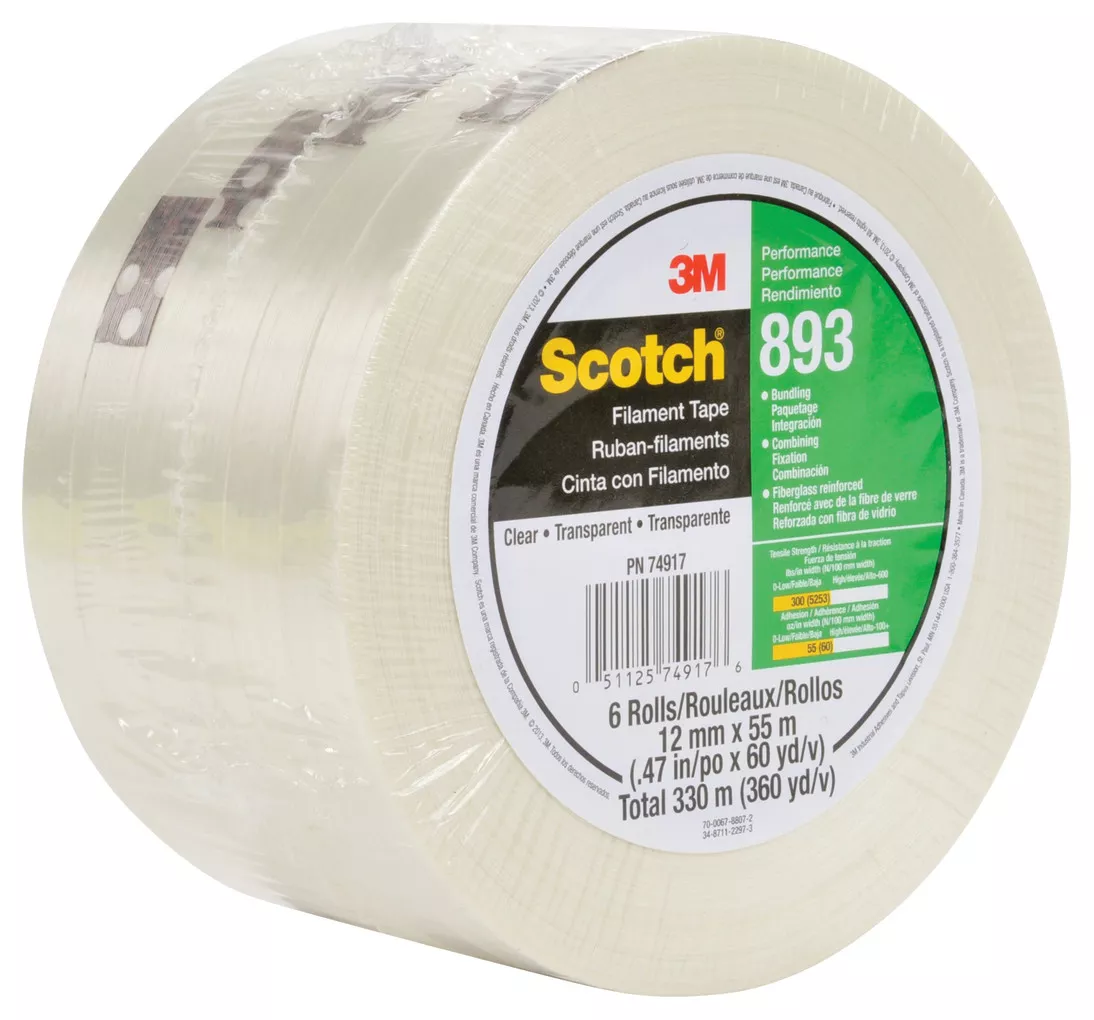 Scotch® Filament Tape 893, Clear, 12 mm x 55 m, 6 mil, 72 Rolls/Case