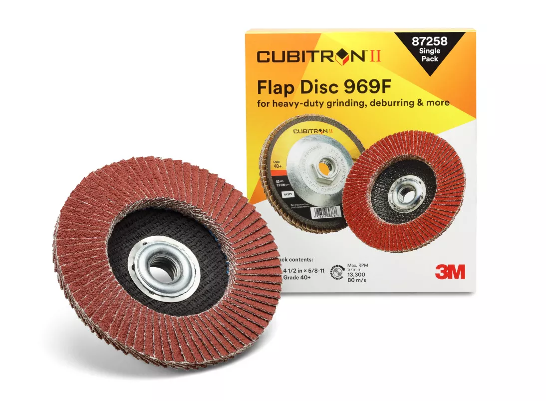 3M™ Cubitron™ II Flap Disc 969F, 40+, T27 Quick Change, 4-1/2 in x
5/8