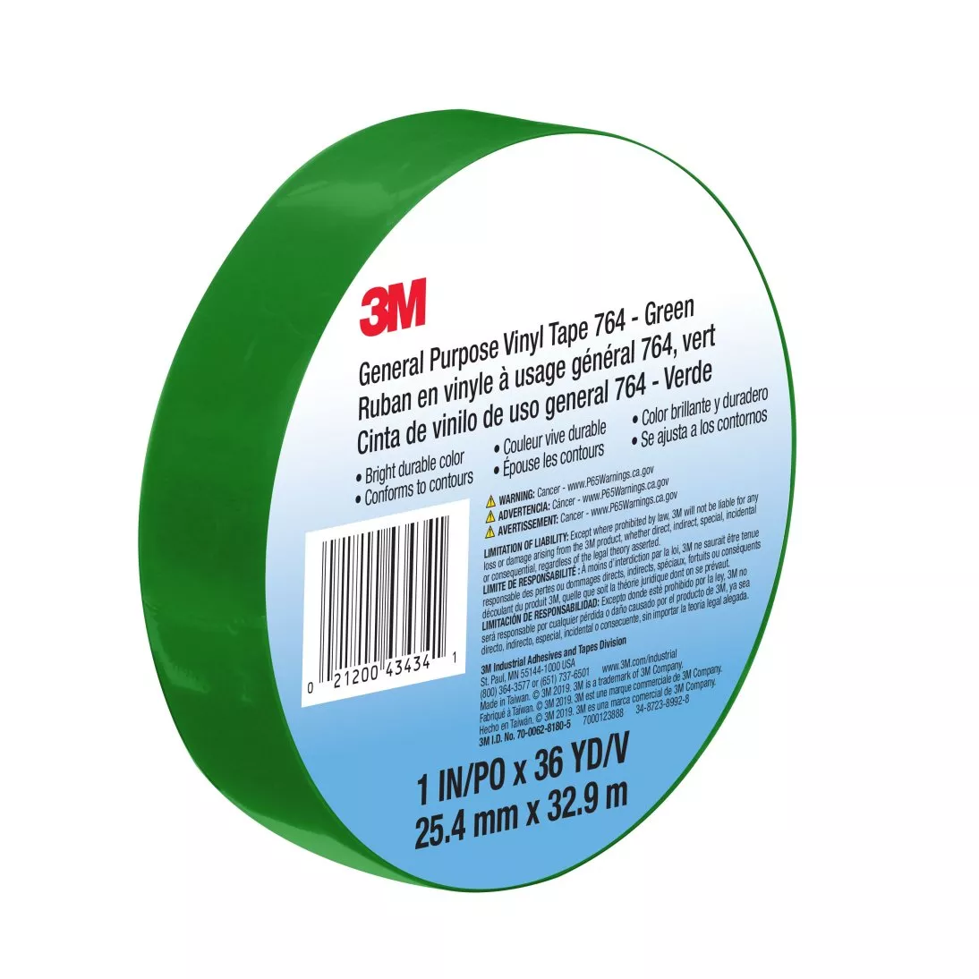 3M™ General Purpose Vinyl Tape 764, Green, 1 in x 36 yd, 5 mil, 36 Roll/Case, Individually Wrapped Conveniently Packaged