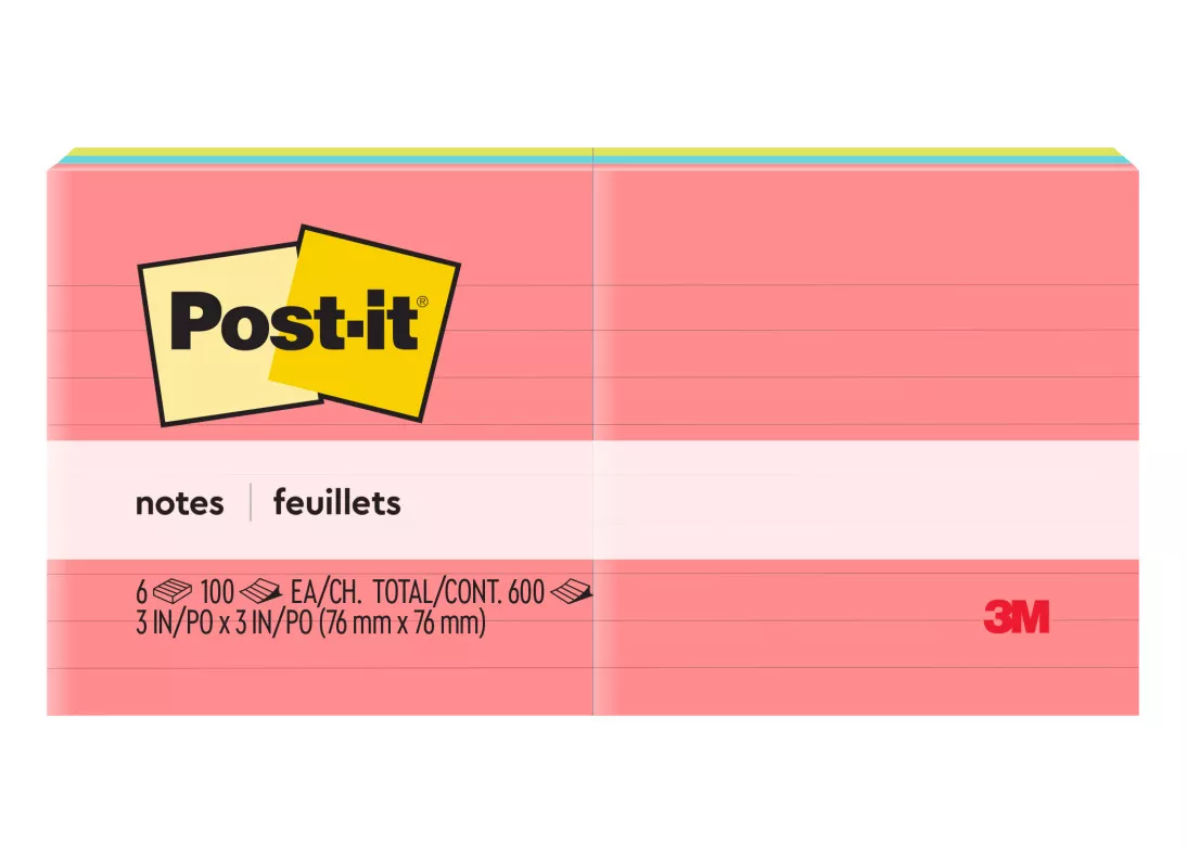 Post-it® Notes 630-6AN, 3 in x 3 in (76 mm x 76 mm) Cape Town
Collection, Lined, 6 Pads/Pack