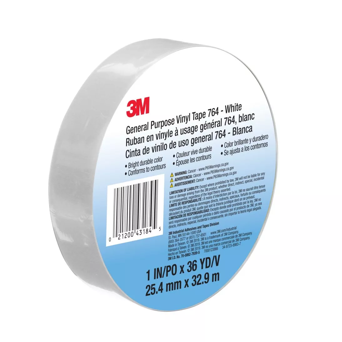 3M™ General Purpose Vinyl Tape 764, White, 1 in x 36 yd, 5 mil, 36 Roll/Case, Individually Wrapped Conveniently Packaged