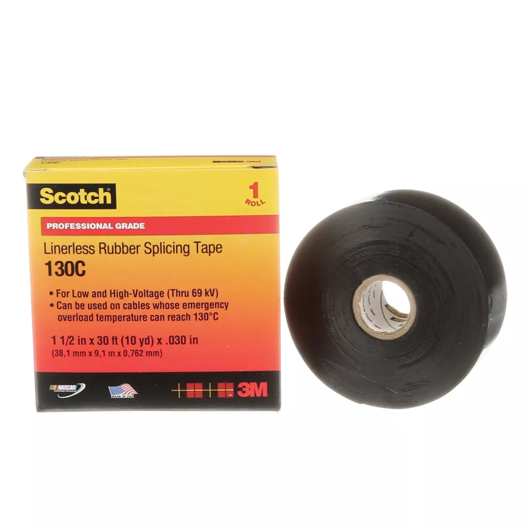 Scotch® Linerless Rubber Splicing Tape 130C, 1-1/2 in x 30 ft, Black, 1
roll/carton, 12 rolls/Case