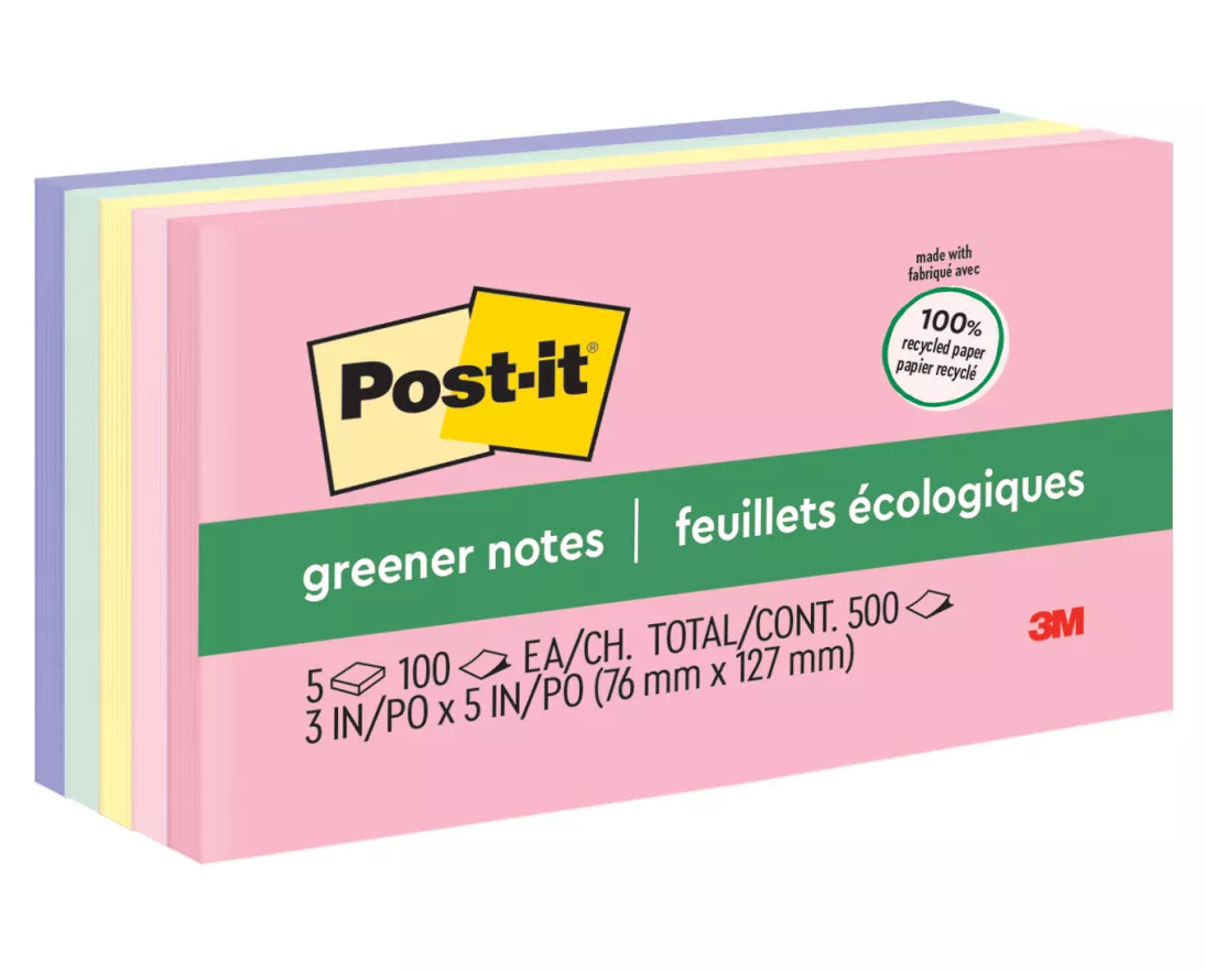 Post-it® Greener Notes 655-RP-A, 3 in x 5 in (76 mm x 127 mm) Helsinki Colors