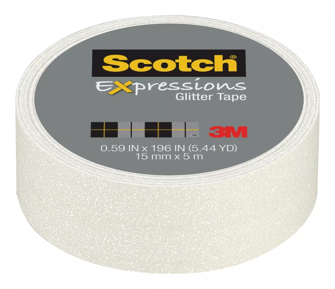 Scotch® Expressions Glitter Tape C514-WHT, .59 in x 196 in (15 mm x 5
m), White Glitter