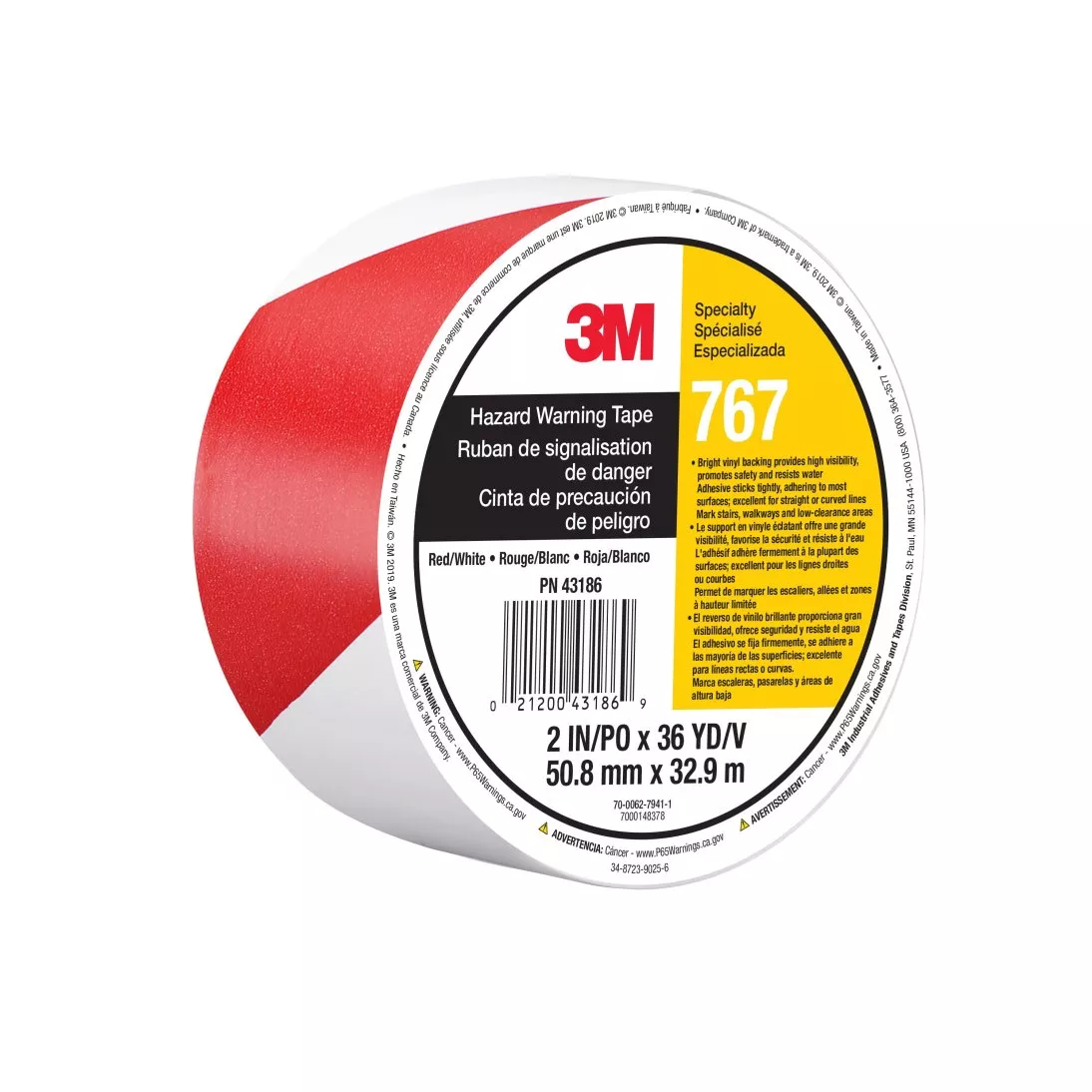 3M™ Safety Stripe Vinyl Tape 767, Red/White, 2 in x 36 yd, 5 mil, 24 Roll/Case, Individually Wrapped Conveniently Packaged