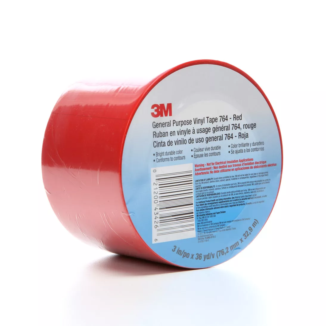 3M™ General Purpose Vinyl Tape 764, Red, 3 in x 36 yd, 5 mil, 12 Roll/Case, Individually Wrapped Conveniently Packaged