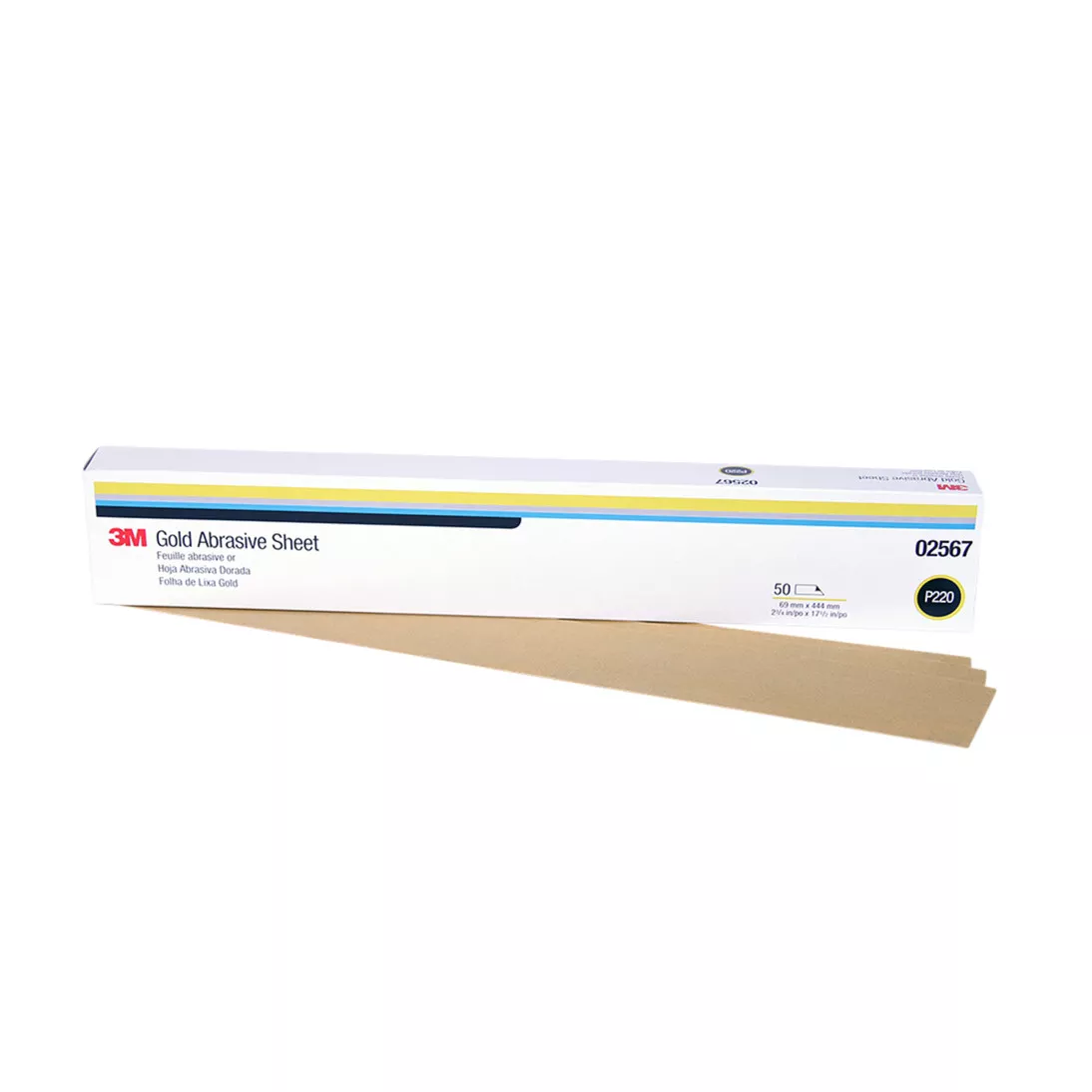 3M™ Gold Abrasive Sheet, 02567, P220 grade, 2 3/4 in x 17 1/2 in, 50
sheets per sleeve, 5 sleeves per case