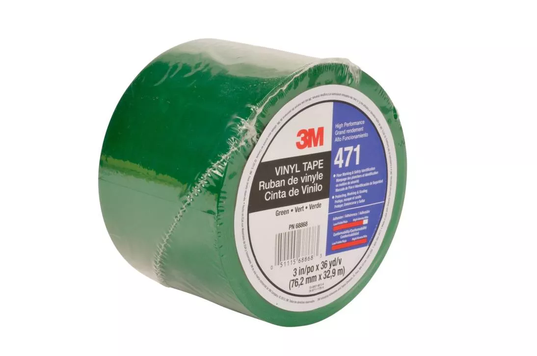 3M™ Vinyl Tape 471, Green, 3 in x 36 yd, 5.2 mil, 12 Roll/Case, Individually Wrapped Conveniently Packaged