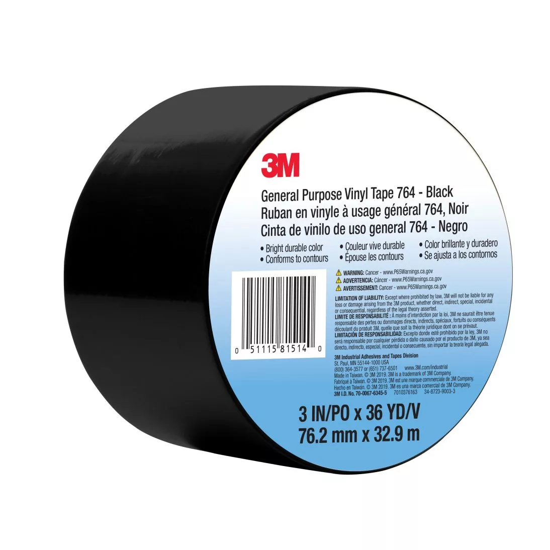 3M™ General Purpose Vinyl Tape 764, Black, 3 in x 36 yd, 5 mil, 12 Roll/Case, Individually Wrapped Conveniently Packaged