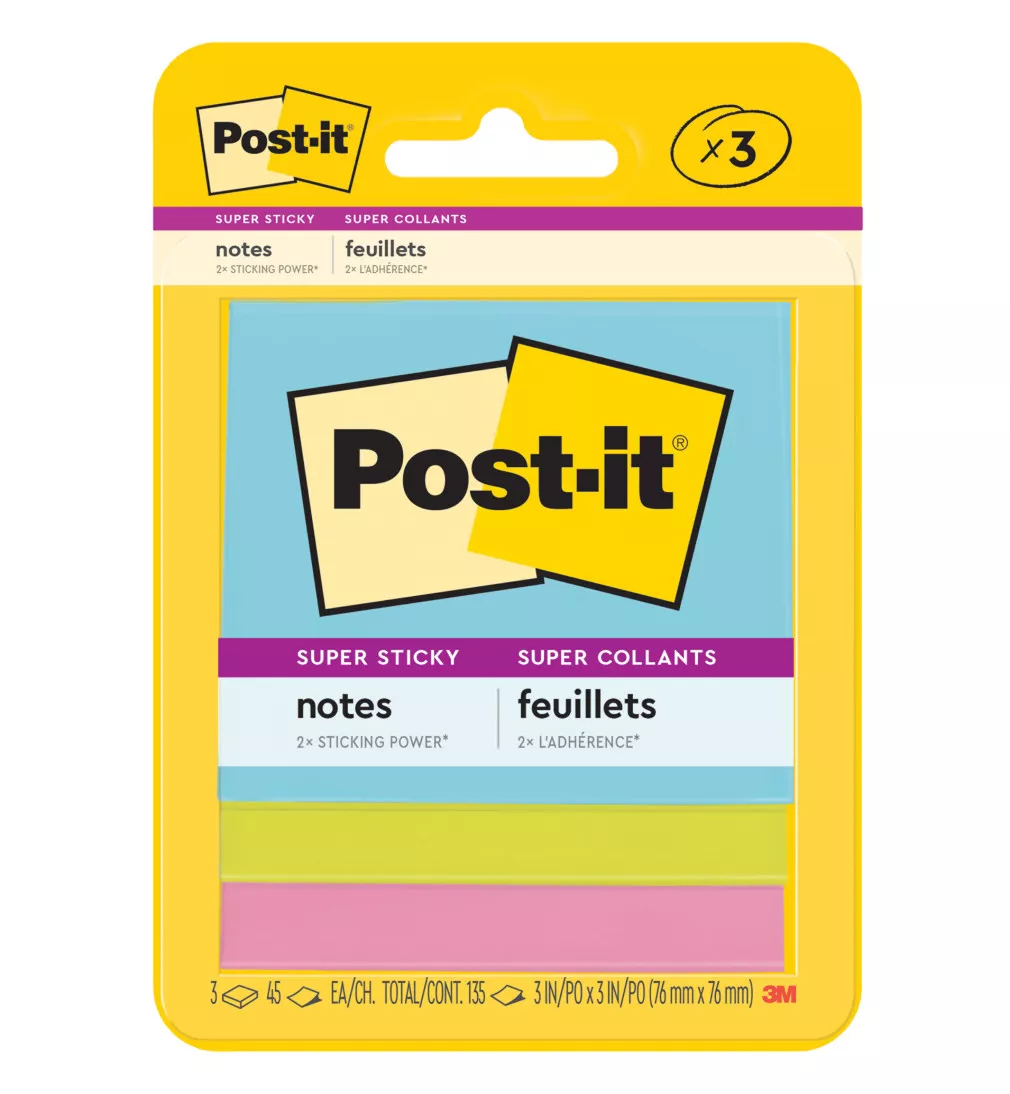 Post-it® Super Sticky Notes 3321-SSMIA, 3 in x 3 in (76 mm x 76 mm),
Miami Collection, 3 Pads/Pack, 45 Sheets/Pad