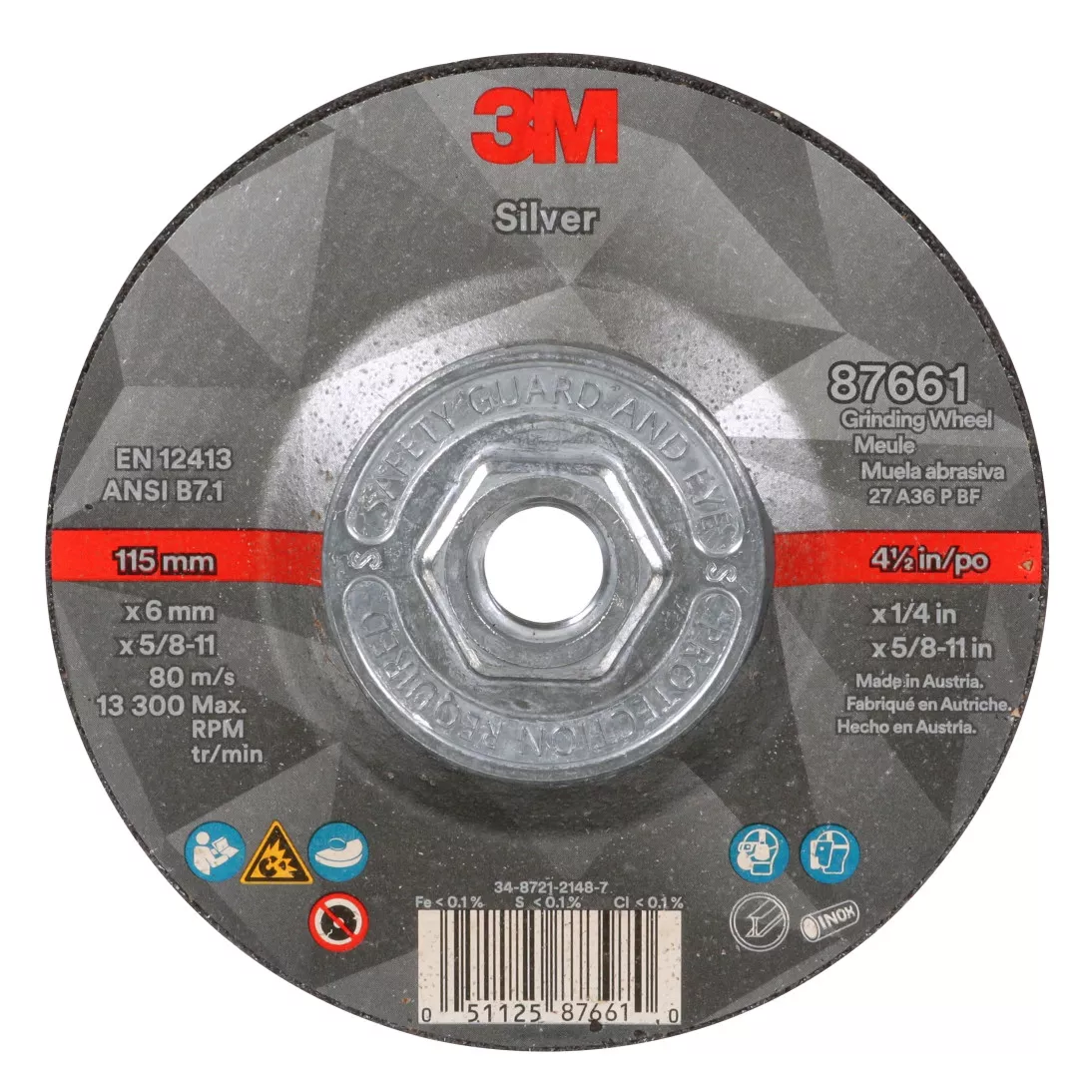 3M™ Silver Depressed Center Grinding Wheel, 87661, T27 Quick Change, 4.5
in x 1/4 in x 5/8-11 in, Single Pack, 10 ea/Case