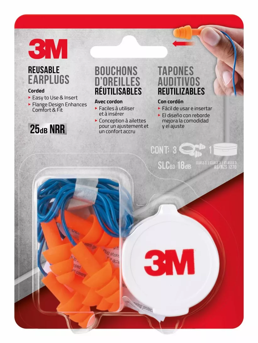 3M™ Corded Reusable Earplugs, 90716H3-DC, 3 pairs with case per pack, 10
packs/case