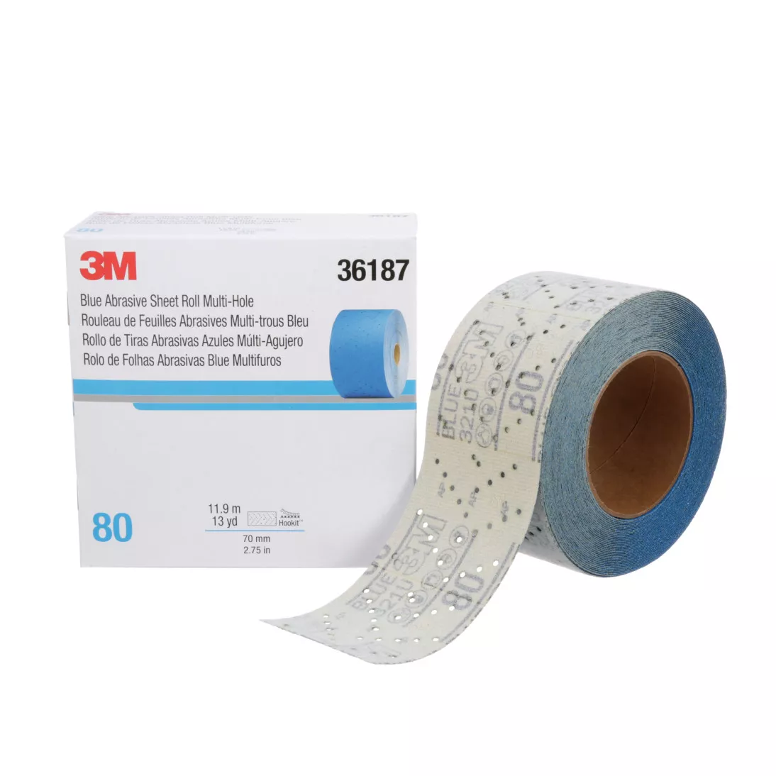 3M™ Hookit™ Blue Abrasive Sheet Roll Multi-hole, 36187, 80, 2.75 in x 13
y, 4 cartons per case