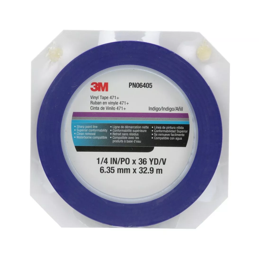 3M™ Vinyl Tape 471+, Indiago, 1/4 in x 36 yd, 5.3 mil, 144 rolls per
case, PN6405, Individually Wrapped Conveniently Packaged