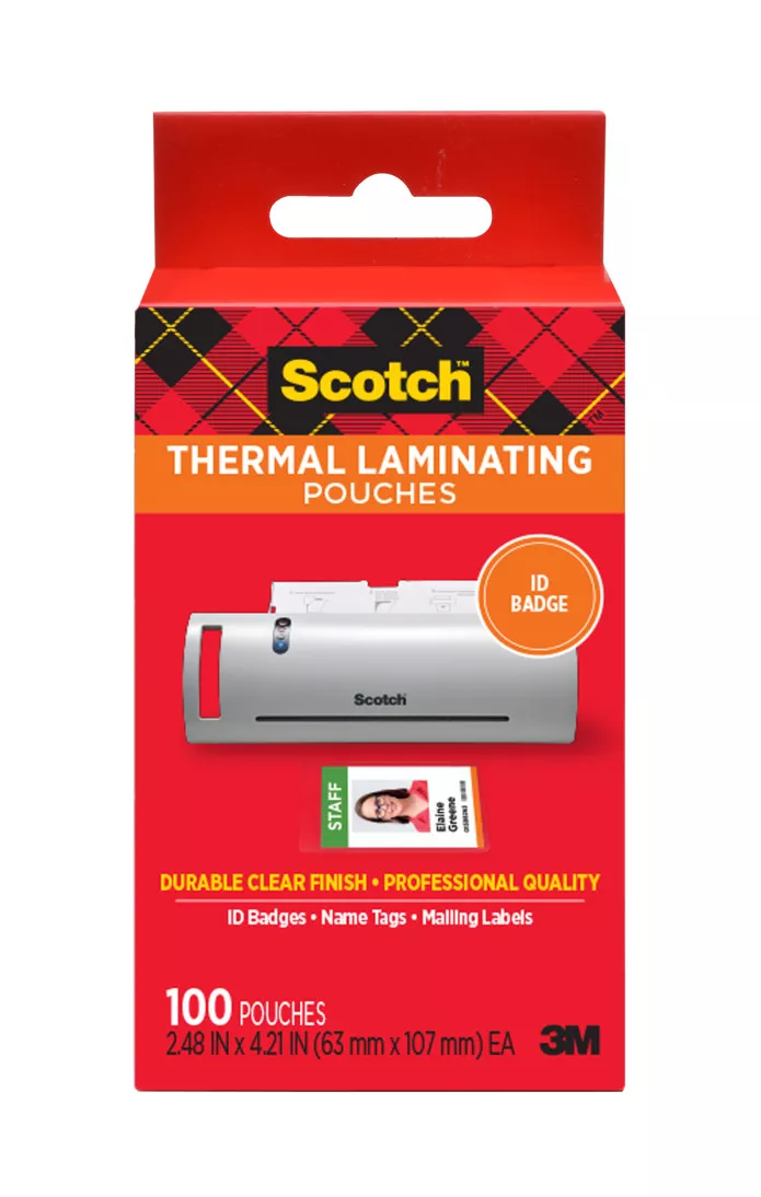 Scotch™ Thermal Pouches TP5852-100, 2.4 in x 4.2 in (63 mm x 107 mm) ID
badge without clip