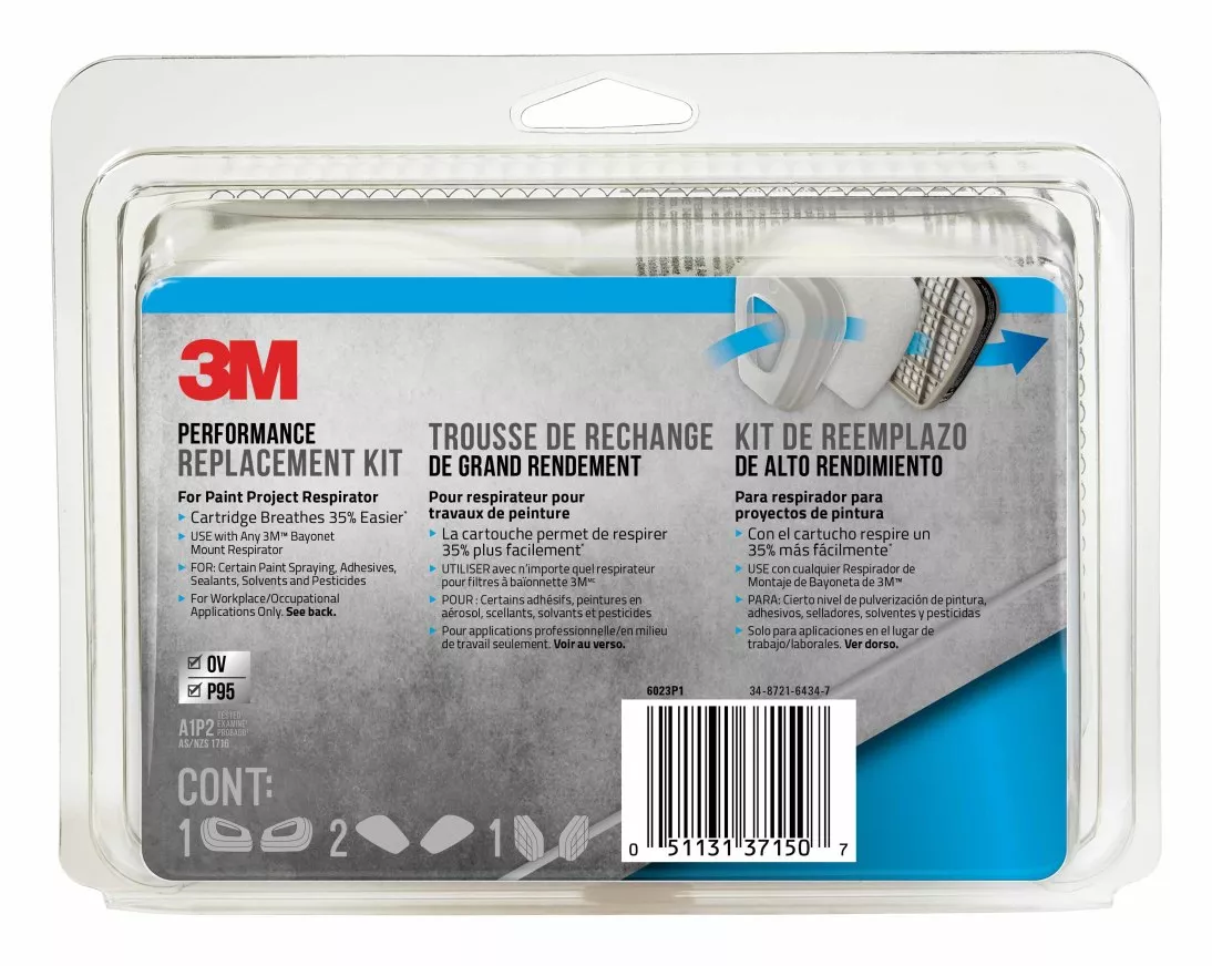 3M™ Performance Replacement Kit for the Paint Project Respirator OV/P95,
6023P1-DC, 1 kit/pack, 5 packs/case