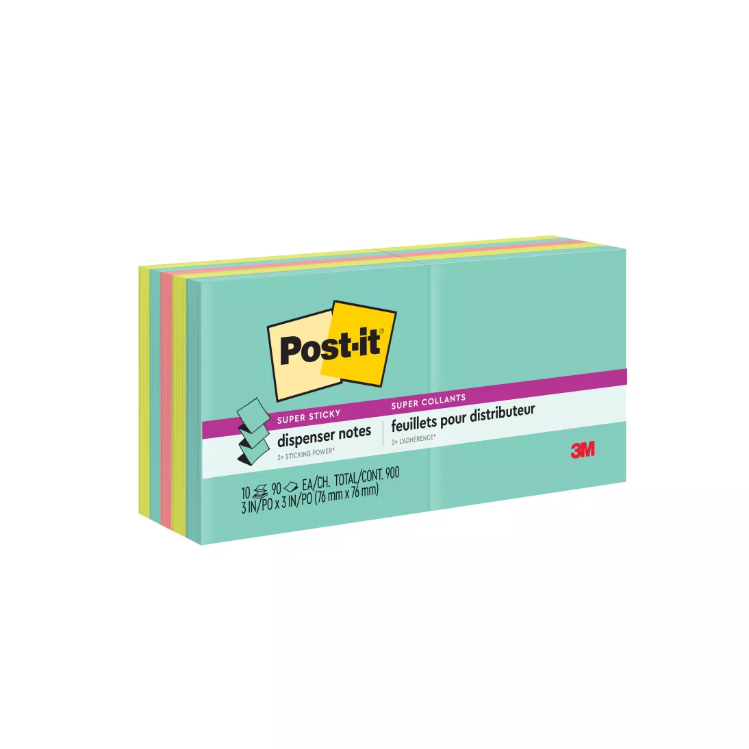 Post-it® Super Sticky Dispenser Notes R330-10SSMIA, 3 in x 3 in (76 mm x 76 mm), Supernova Neons, 10 Pads/Pack, 90 Sheets/Pad