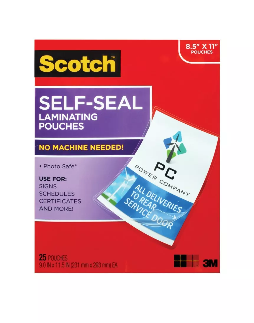 Scotch™ Self-Sealing Laminating Pouches LS854-25G-WM, 9.0 in x 11.5 in x
.5 in Gloss Finish Letter Size