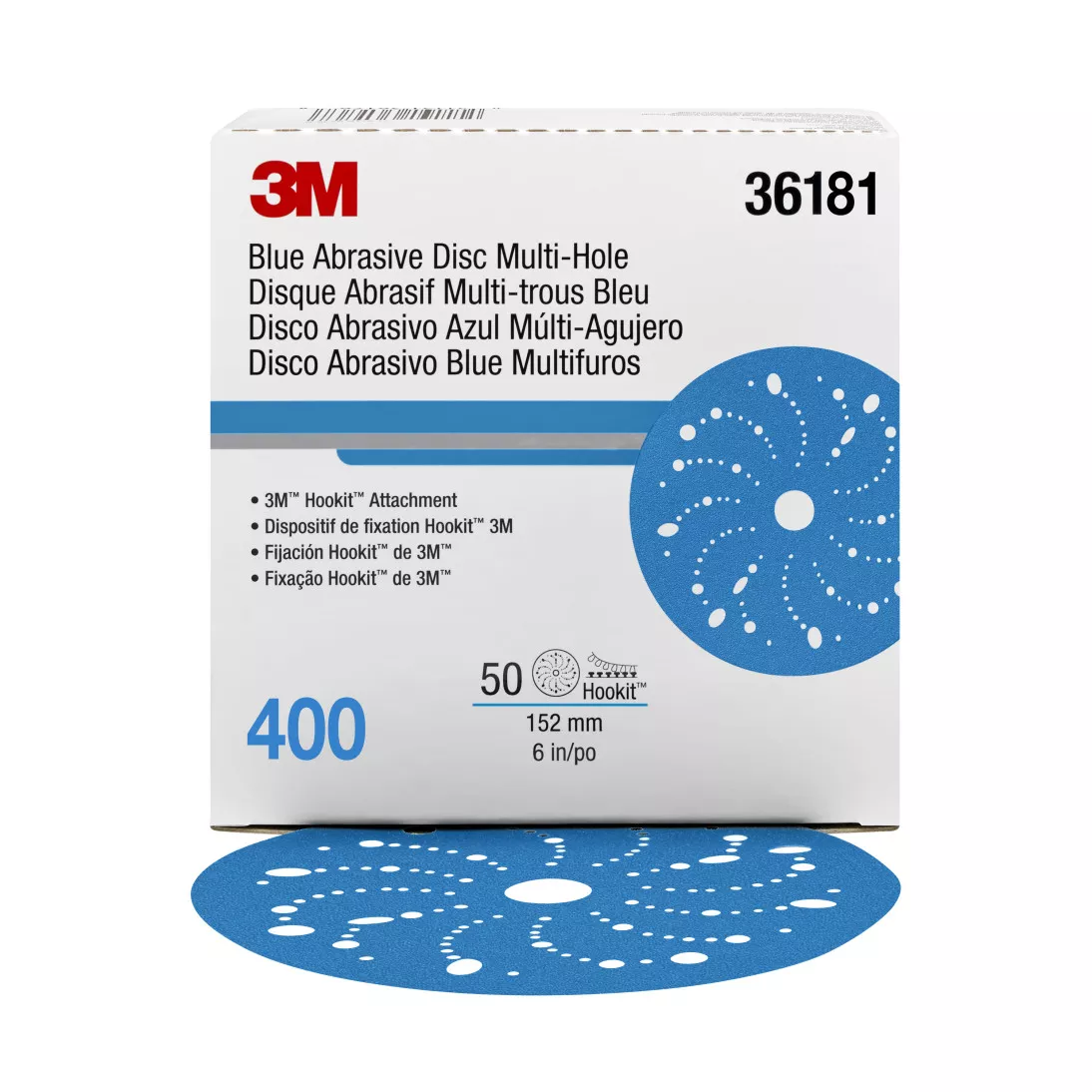 3M™ Hookit™ Blue Abrasive Disc 321U Multi-hole, 36181, 6 in, 400, 50
discs per carton, 4 cartons per case