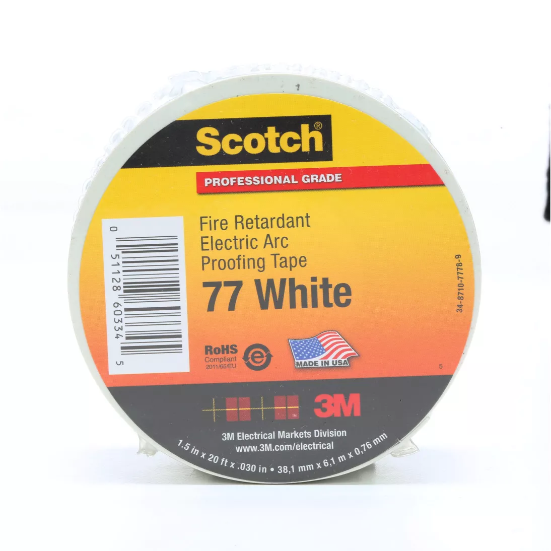 Scotch® Fire-Retardant Electric Arc Proofing Tape 77W, 1-1/2 in x 20 ft,
White/Gray, 1 roll/carton, 10 rolls/Case