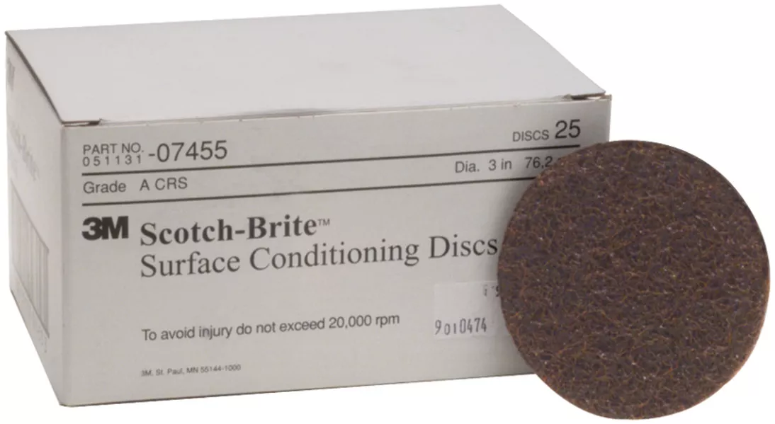 Scotch-Brite™ Surface Conditioning Disc, 07455, SC-DH, A/O Coarse, 3 in
x NH, 25/Carton, 4 Cartons/Case