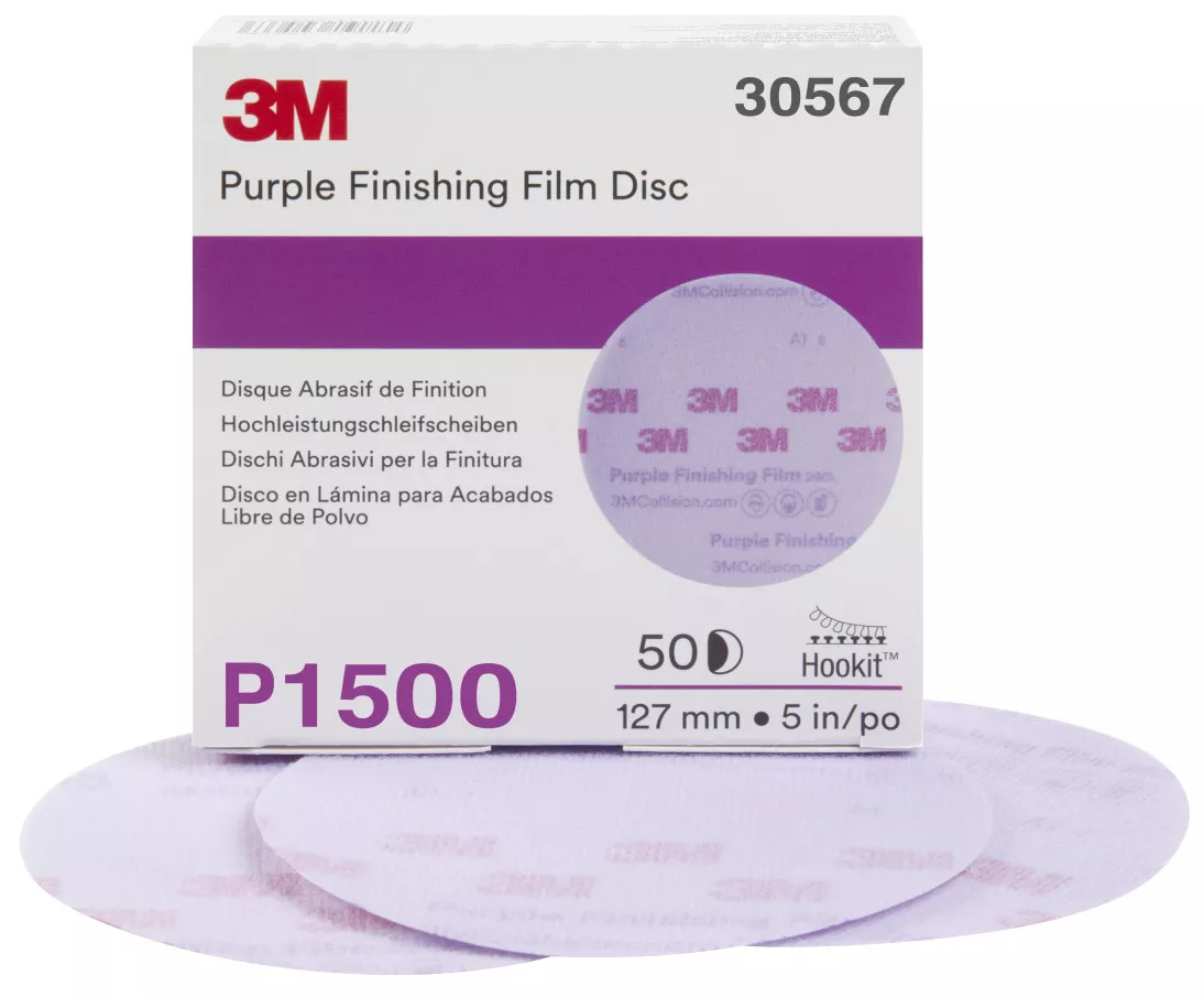 3M™ Hookit™ Purple Finishing Film Abrasive Disc 260L, 30567, 5 in,
P1500, 50 discs per carton, 4 cartons per case