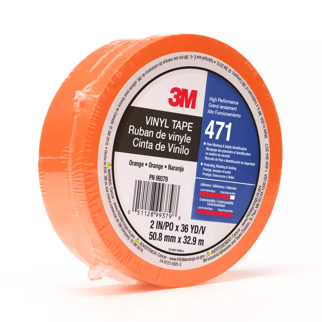 3M™ Vinyl Tape 471, Orange, 2 in x 36 yd, 5.2 mil, 24 rolls per case,
Individually Wrapped Conveniently Packaged
