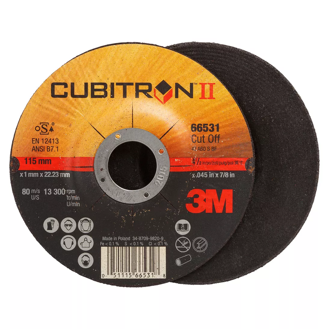 3M™ Cubitron™ II Cut-Off Wheel, 66531, 36, T42, 115 mm x 1.6 mm x 22.23
mm, 25/Inner, 50 ea/Case