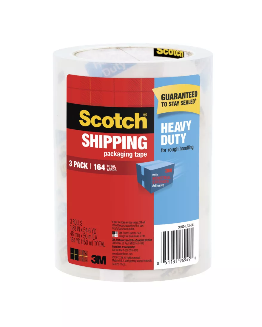 Scotch® Heavy Duty Shipping Packaging Tape 3850-LR3-DC, 1.88 in x 54.6
yd (48 mm x 50 m) 3 Pack