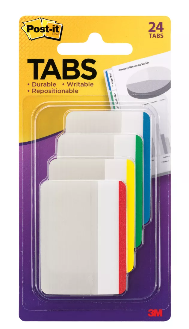Post-it® Durable Tabs 686F-1, 2 in. x 1.5 in. (50.8 mm x 38 mm) Beige,
Green, Red, Canary Yellow 24 pk/cs