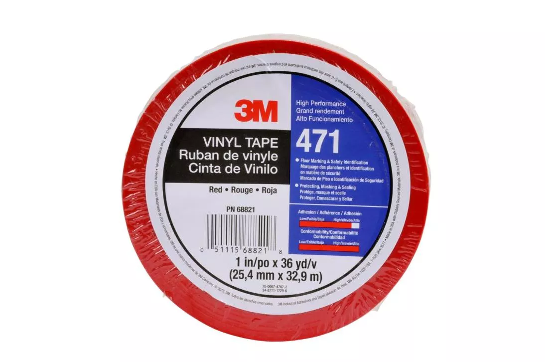 3M™ Vinyl Tape 471, Red, 1 in x 36 yd, 5.2 mil, 36 rolls per case,
Individually Wrapped Conveniently Packaged