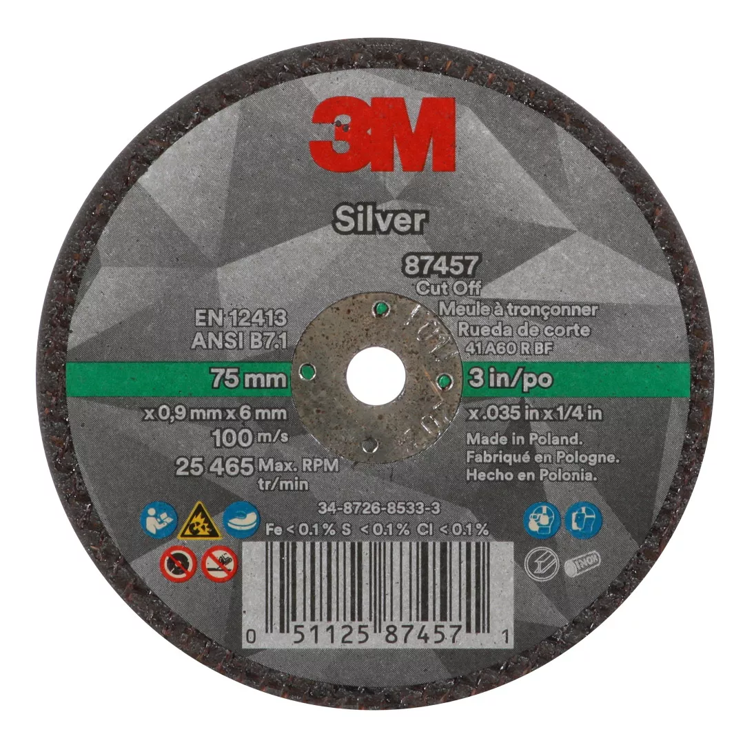 3M™ Silver Cut-Off Wheel, 87457, T1, 3 in x .035 in x 1/4 in, 25 per
inner 50 per case