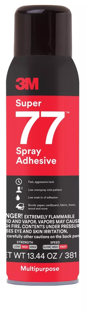 3M™ Super 77™ Multipurpose Spray Adhesive, Clear, 16 fl oz Can (Net Wt
13.44 oz), 12/Case, NOT FOR SALE IN CA AND OTHER STATES