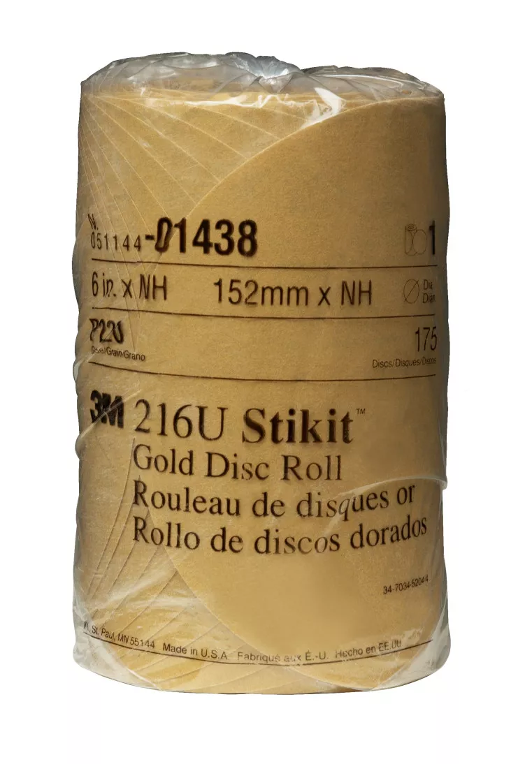 3M™ Stikit™ Gold Disc Roll, 01438, 6 in, P220, 175 discs per roll, 6
rolls per case