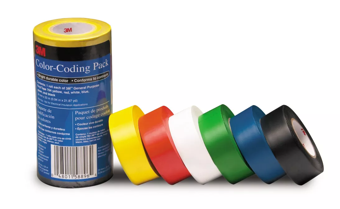 3M™ General Purpose Vinyl Tape 764, Color Coding Pack, 6 packs per case
(6 rolls per pack)