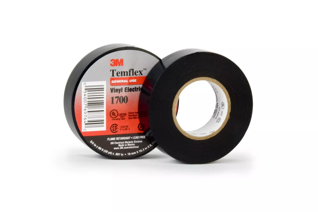 3M™ Temflex™ Vinyl Electrical Tape 1700, 1 in x 66 ft, Black, 99
rolls/Case