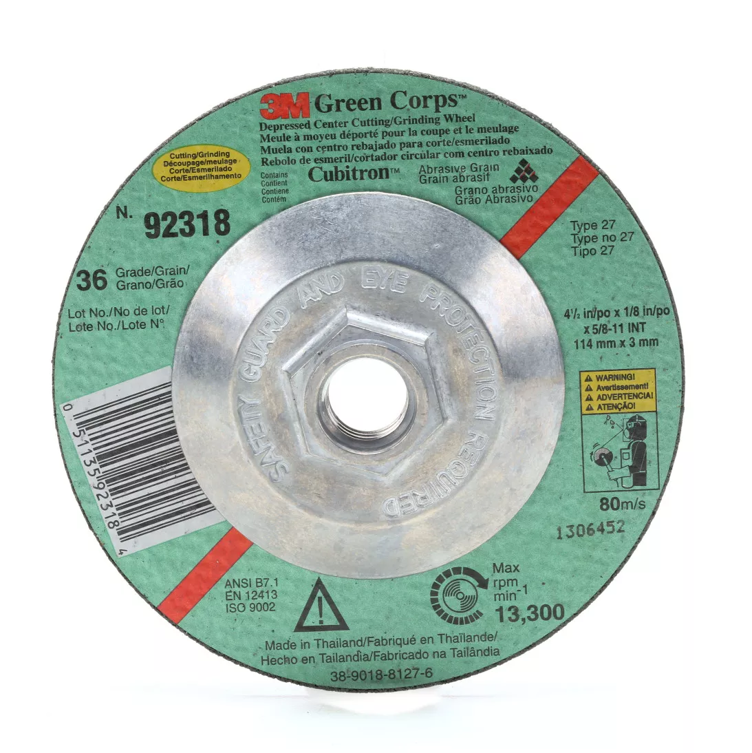 3M™ Green Corps™ Cutting/Grinding Wheel, T27, 7 in x 1/8 in x 7/8, 36,
20 ea/Case