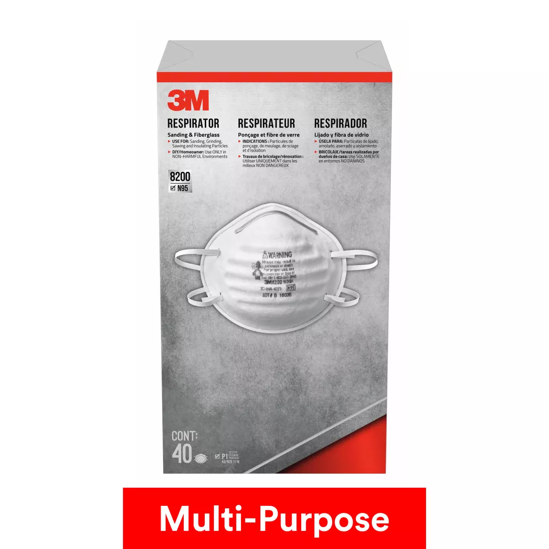 3M™ Sanding and Fiberglass Respirator N95 Particulate, 8200H40-DC, 40
eaches/pack, 4 packs/case
